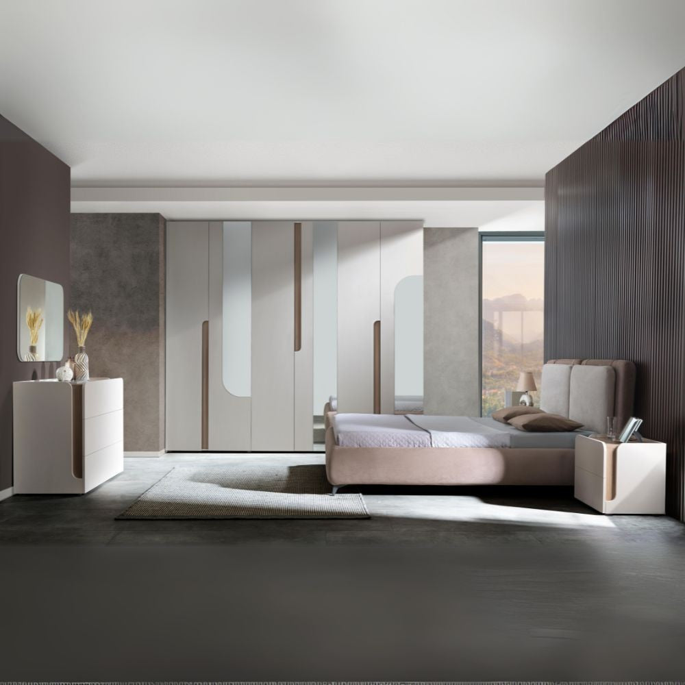 Camera da letto completa armadio 6 ante con specchi e letto contenitore colore cashmere e olmo biscotto - Tatido