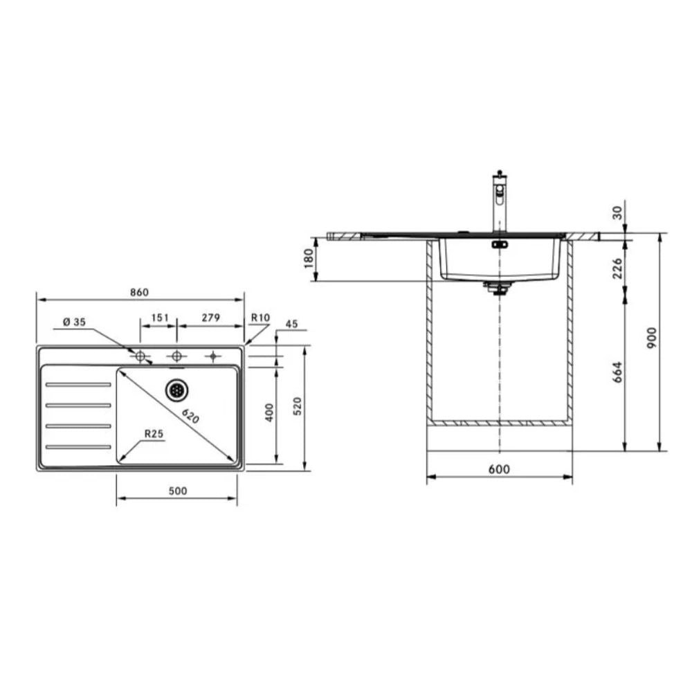 Lavello 1 vasca gocciolatoio sinistro 86x52 cm. inox satinato Franke FSX211