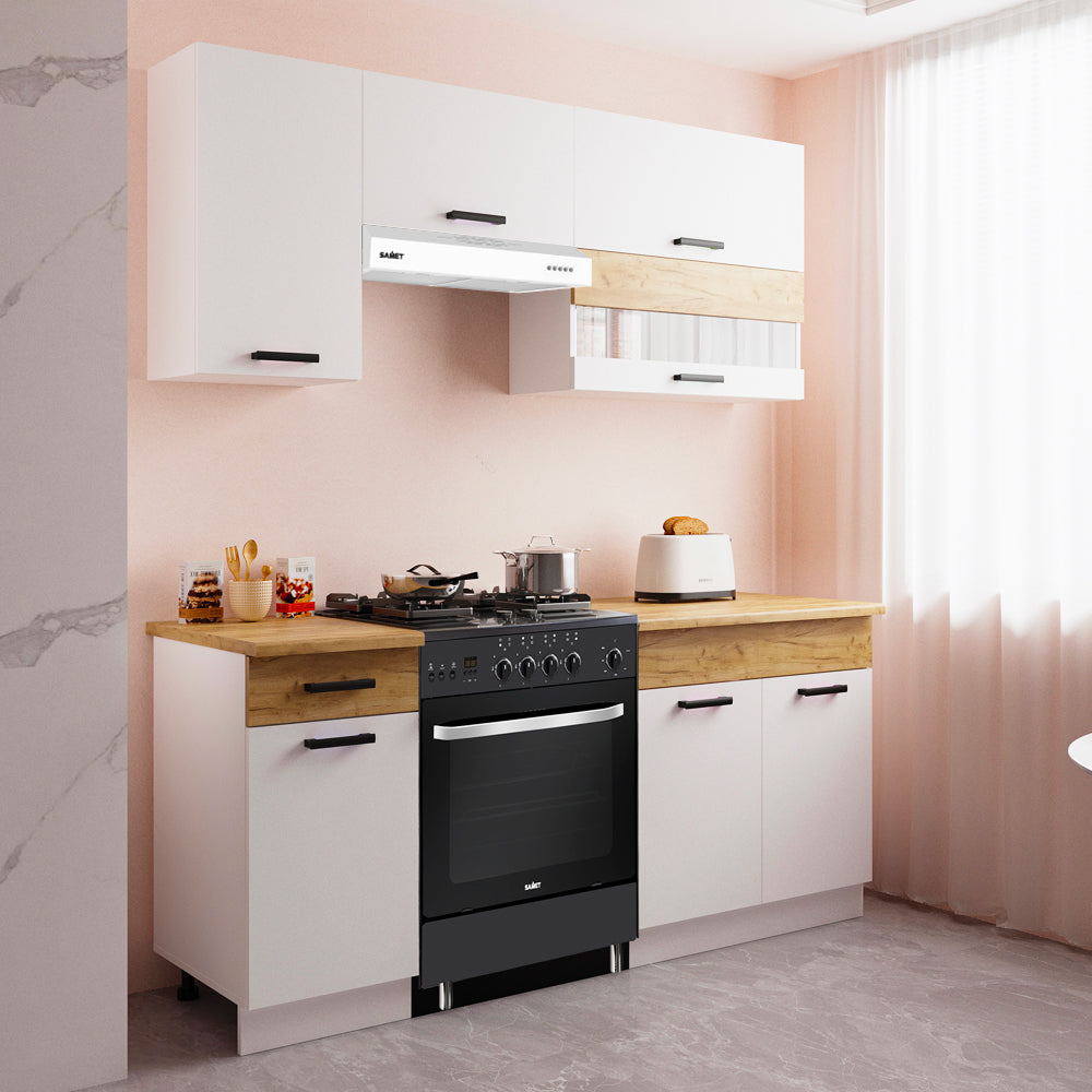 Cucina monoblocco 180 cm senza elettrodomestici colore bianco e rovere Nina