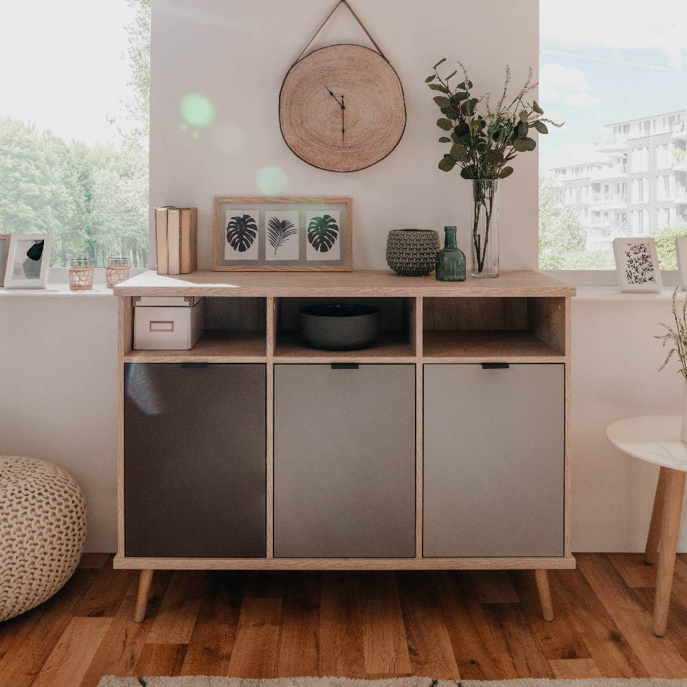 Sideboard 120x88,5h cm mit 3 Türen, Eiche und Anthrazit und Grau - Epik 51