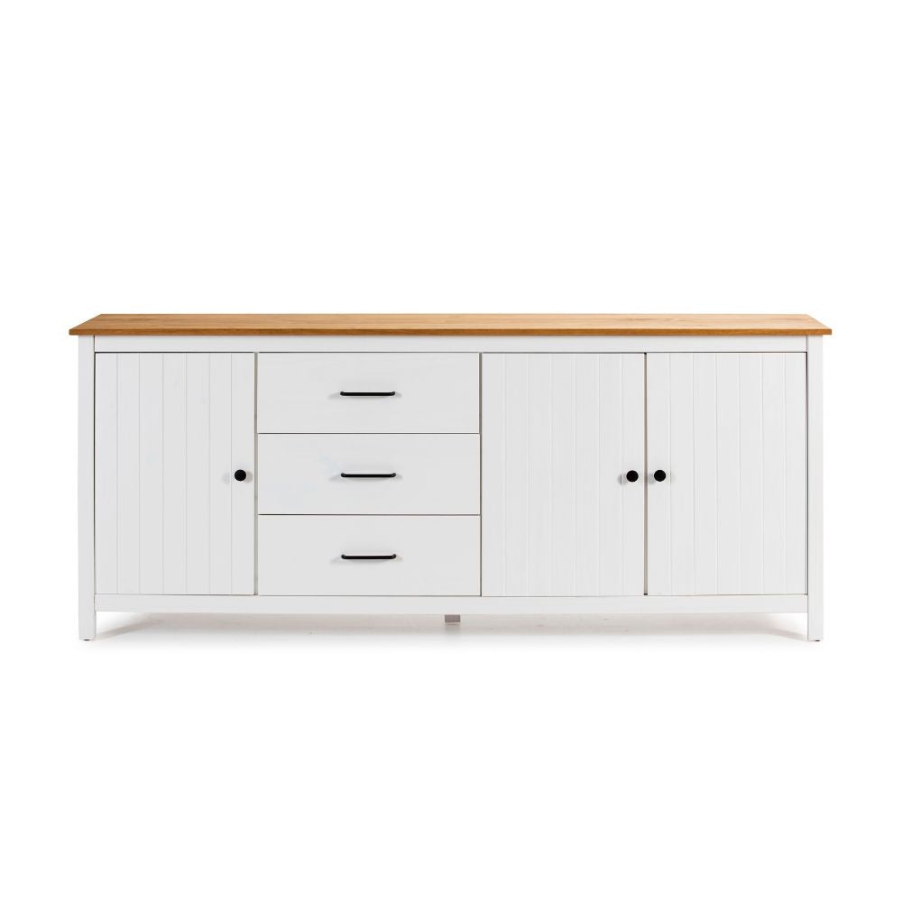 Credenza in legno massiccio con 3 ante e 3 cassetti colore bianco e pino 191x40x80H cm - Vanda
