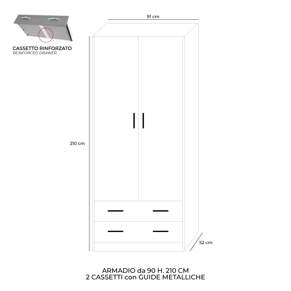 Armadio con 2 ante e 2 cassetti colore olmo 91x210H cm