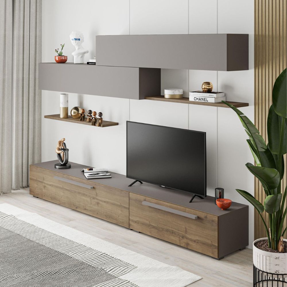 TV-Wohnwand mit Türen und Regalen in Hitit und Light Mocha 260 cm - Mokat