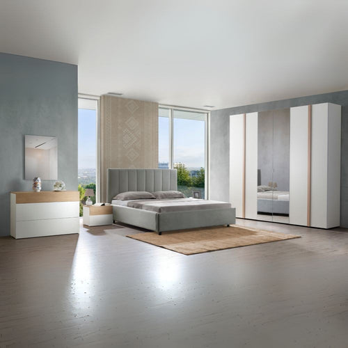 Camera da letto con armadio 6 ante specchiato e letto contenitore colore bianco e rovere Amor