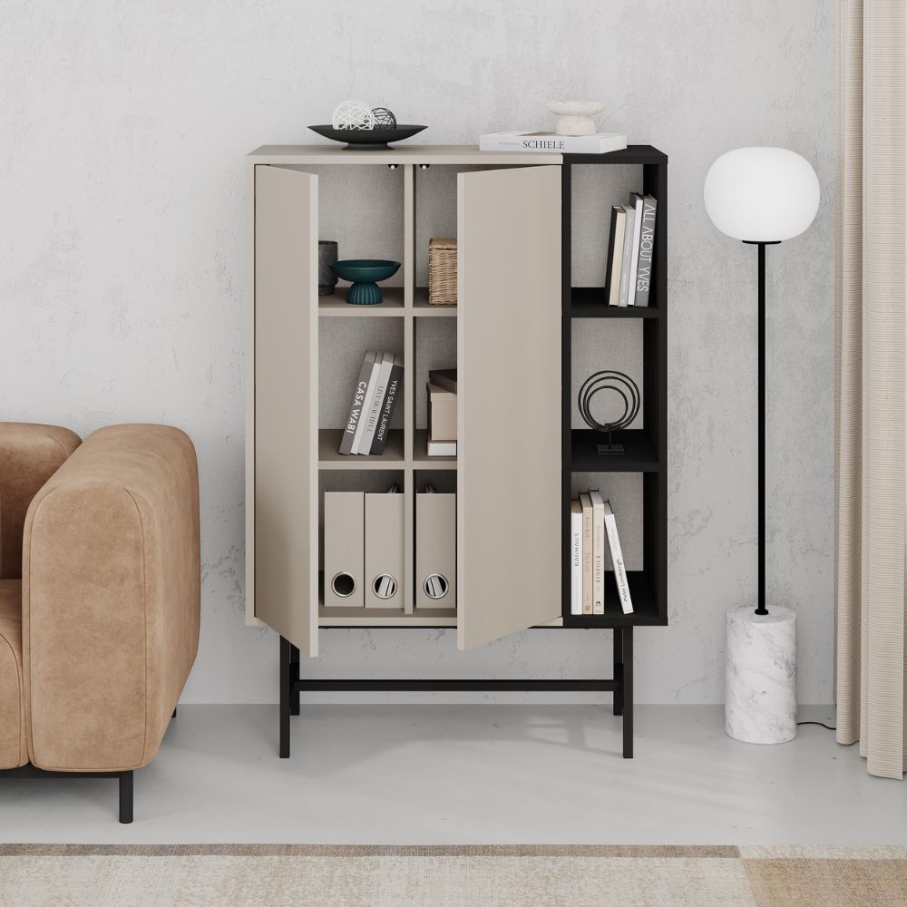 Credenza alta con due ante cashmere e tre vani a giorno neri 90x40x130H Mona
