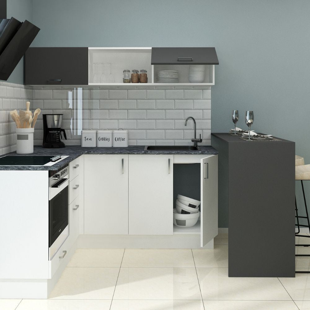 Cuisine d'angle avec presqu'île réversible coloris blanc et noir 180x160 cm - Matera