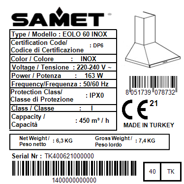 Hotte pyramidale moderne 60 cm en inox - Samet Eolo 60