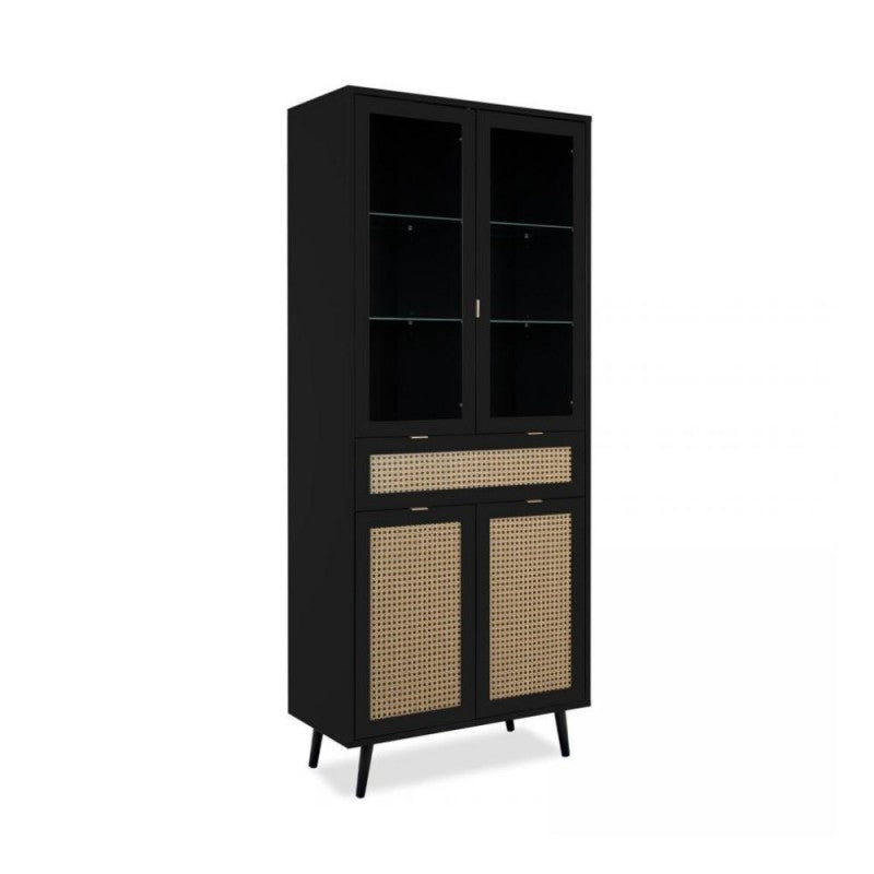 Vitrine 80x195h cm avec 4 portes et tiroir couleur noire avec façades effet cannage - Vienna52A