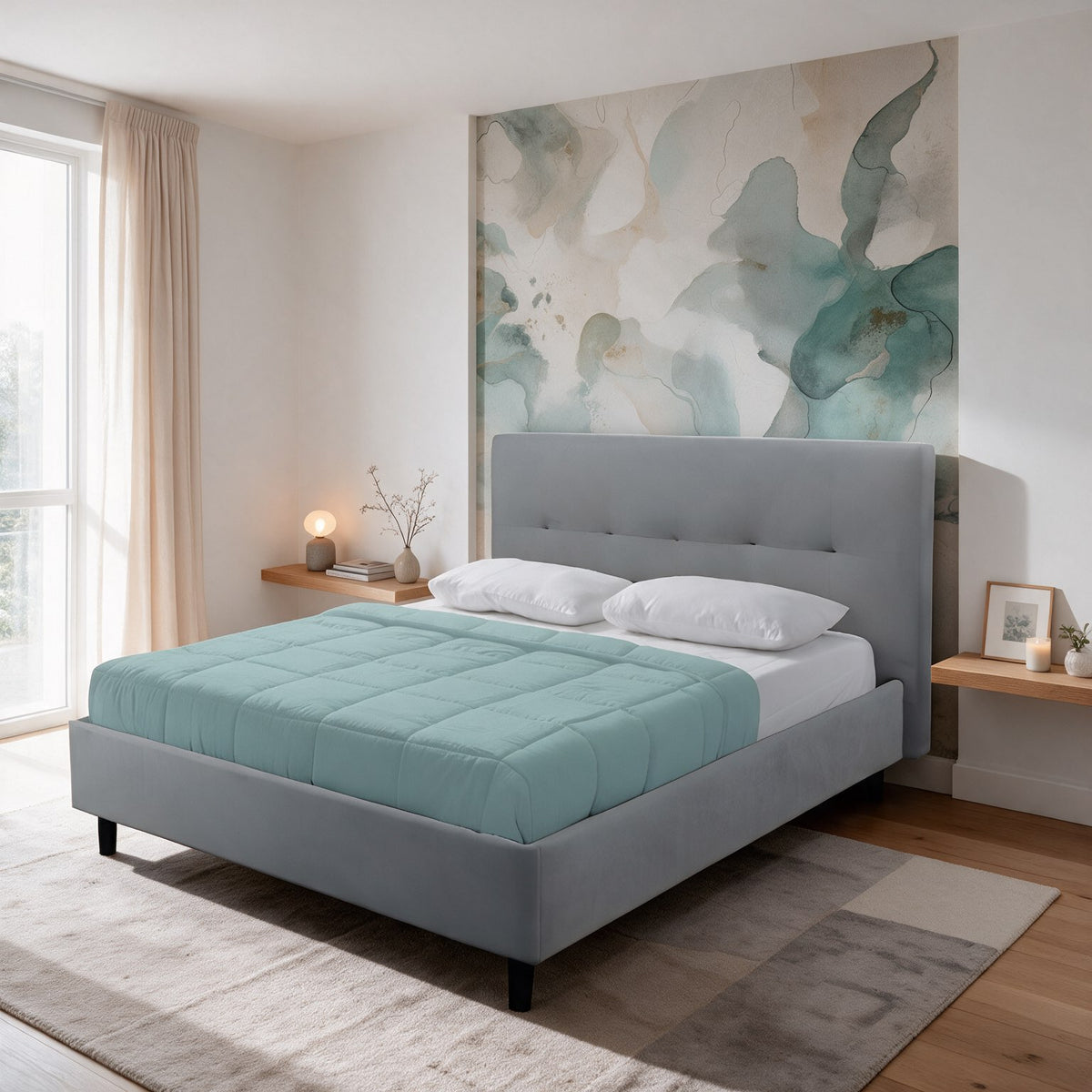 Letto matrimoniale con rete inclusa rivestimento tessuto grigio chiaro - Snello