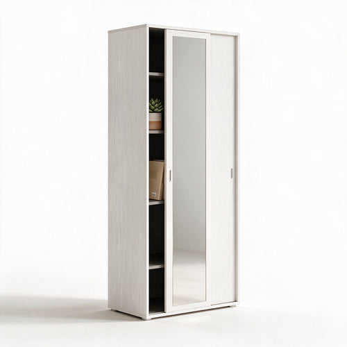 Kleiderschrank mit zwei Schiebetüren, Spiegel und Einlegeböden, Esche weiß, 90x212H cm