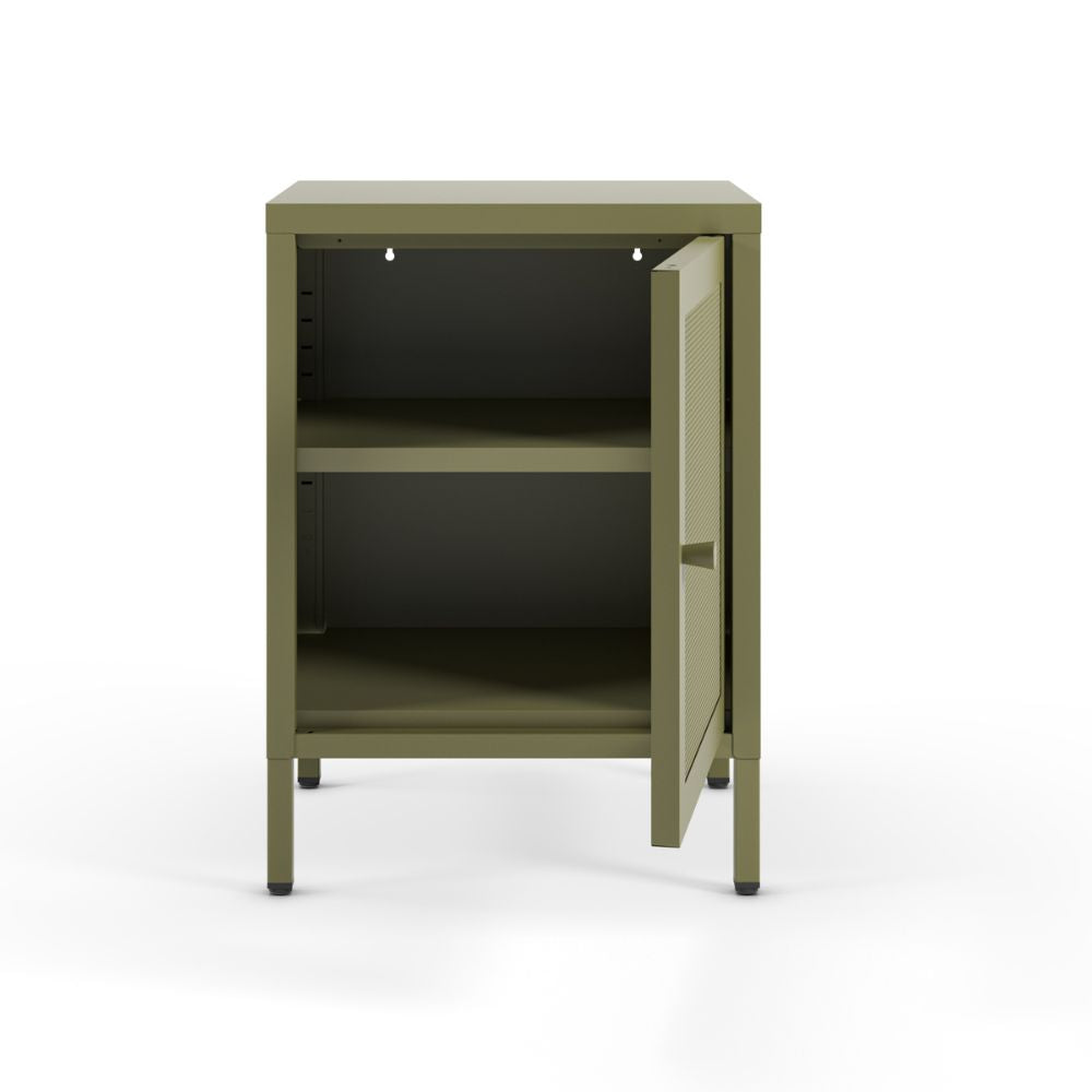 Comodino in metallo verde con anta reticolata 40x35x60H Fayna