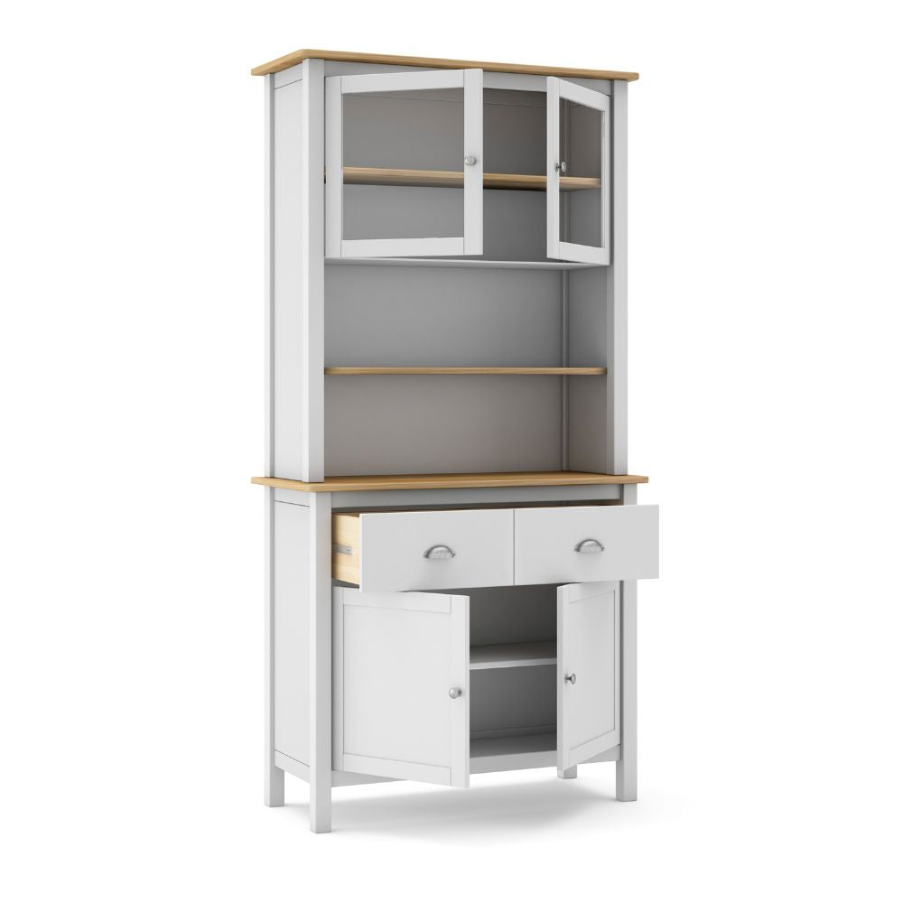 Credenza in legno massiccio con vetrina ante e cassetti colore bianco e rovere 90x40x180H cm - Herti