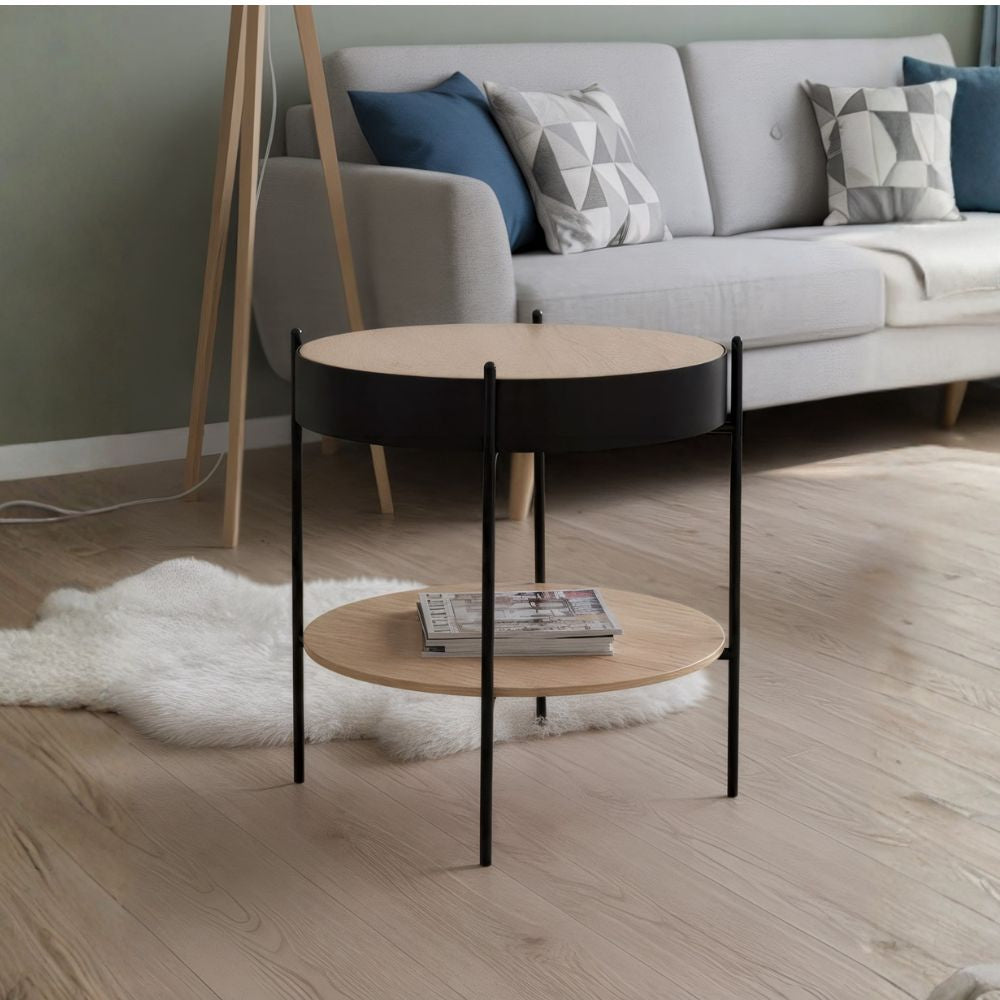 Tavolino tondo multifunzionale con vano contenitore artisan rovere e nero Ø 49,5 cm Trelleborg88B