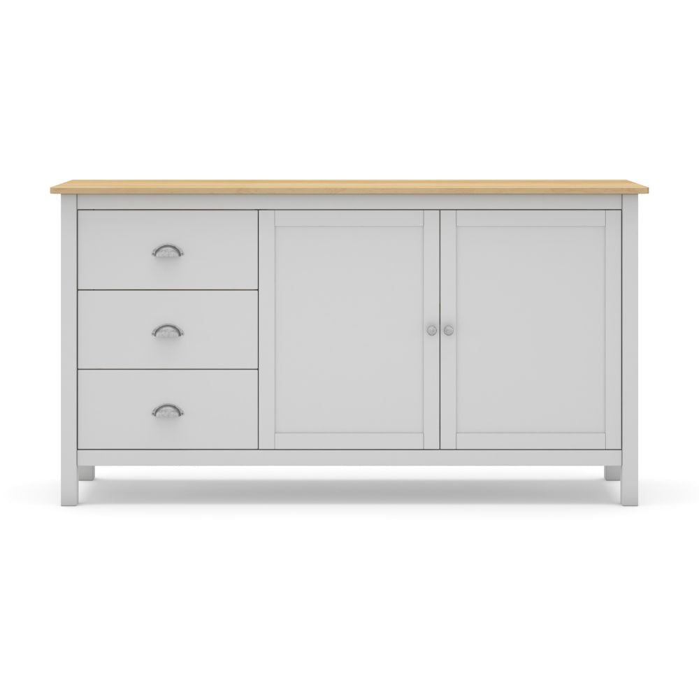 Sideboard mit 2 Türen und 3 Schubladen aus Massivholz, weiß und Eiche Misti 150x40x80H