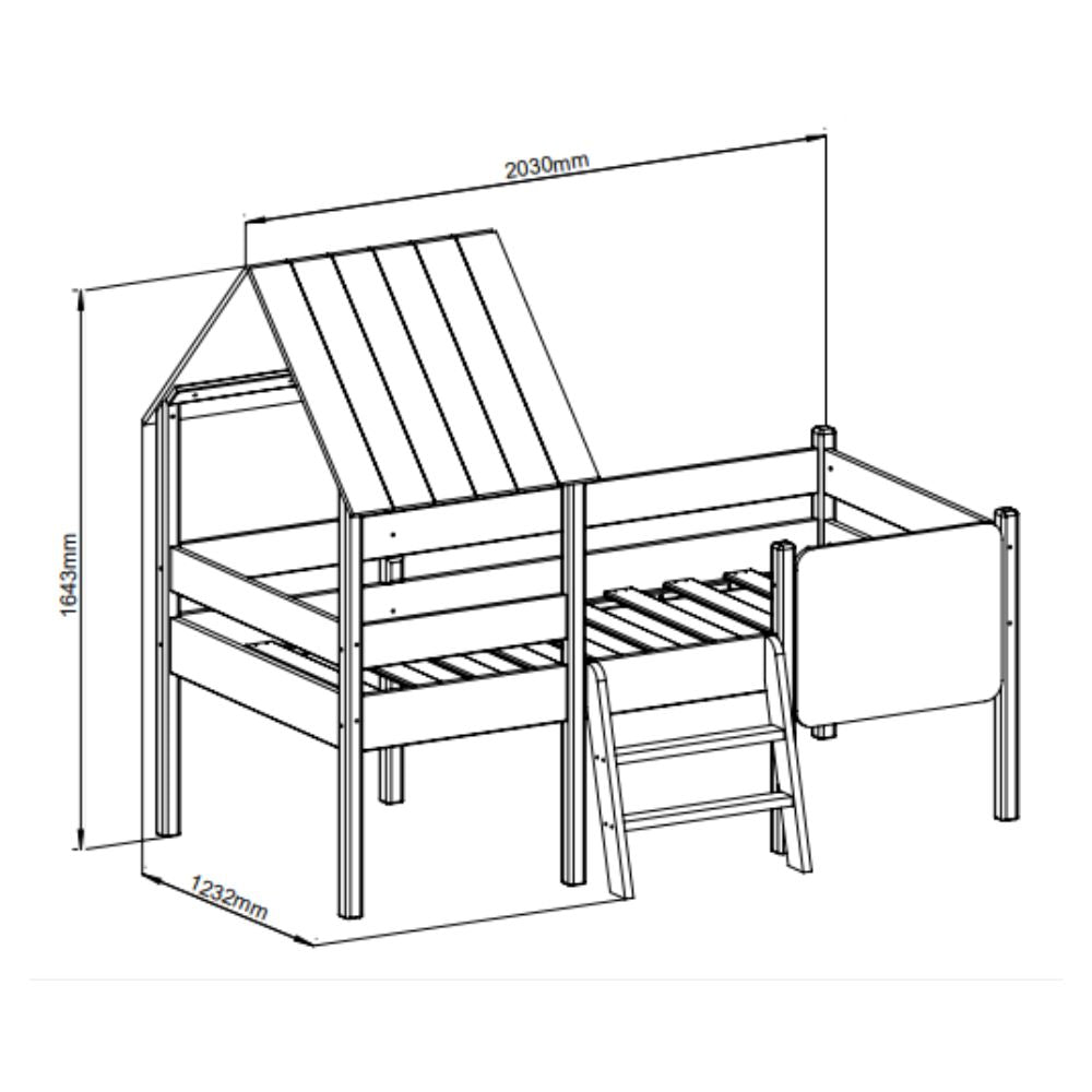Letto singolo rialzato a forma di casetta in legno massiccio colore bianco e pino - Minty