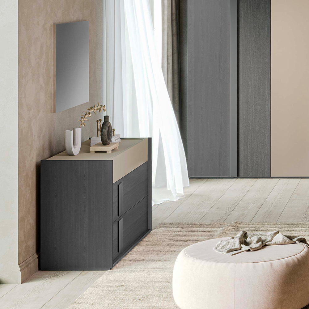 Camera da letto completa con letto contenitore e armadio 6 ante battenti colore grigio e talco - Faba