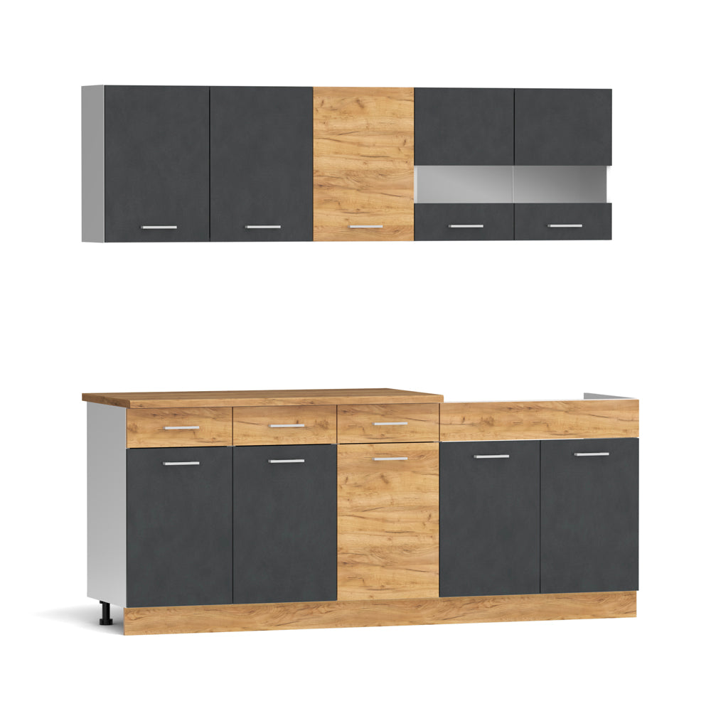 Cucina monoblocco 160 cm con lavello e pensili colore rovere e grigio Erika