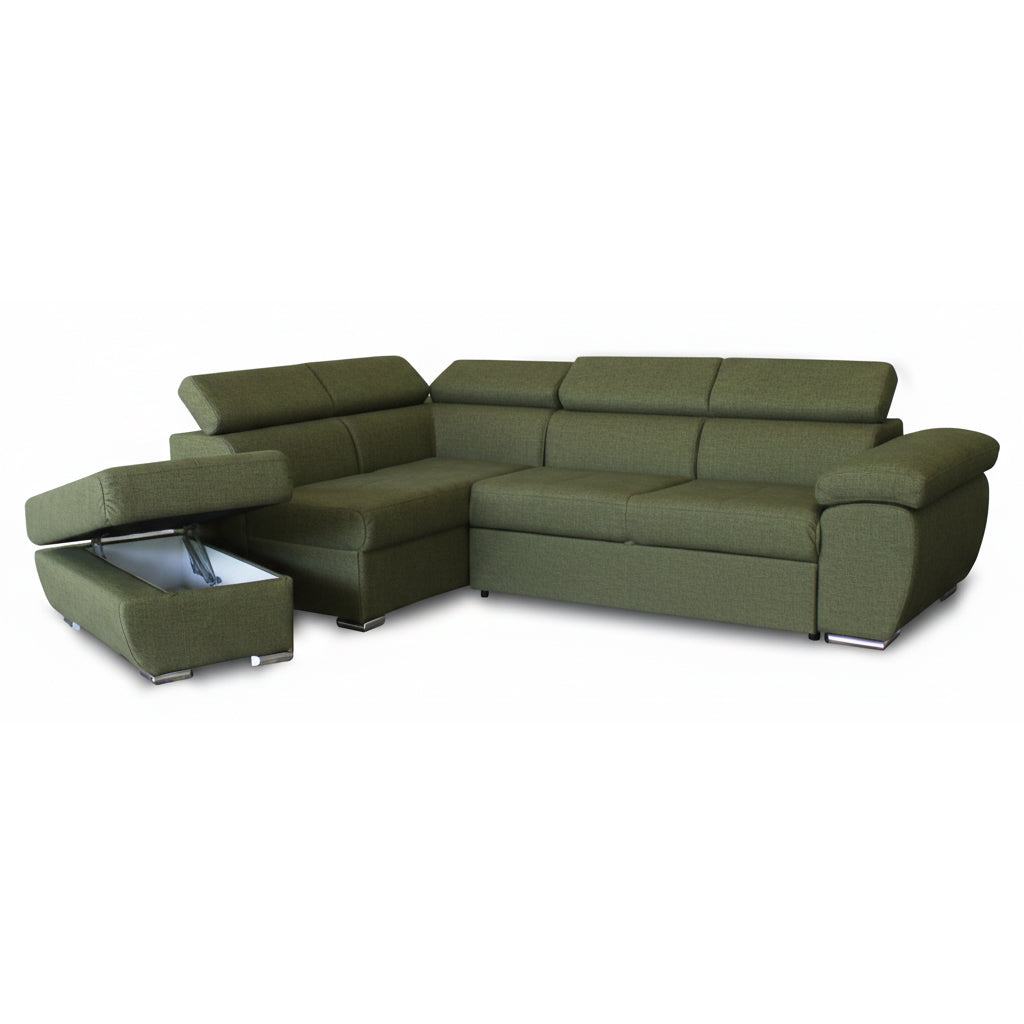 Divano letto angolare con penisola sinistra e pouf contenitore verde oliva Fiona