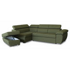 Divano letto angolare con penisola sinistra e pouf contenitore verde oliva Fiona