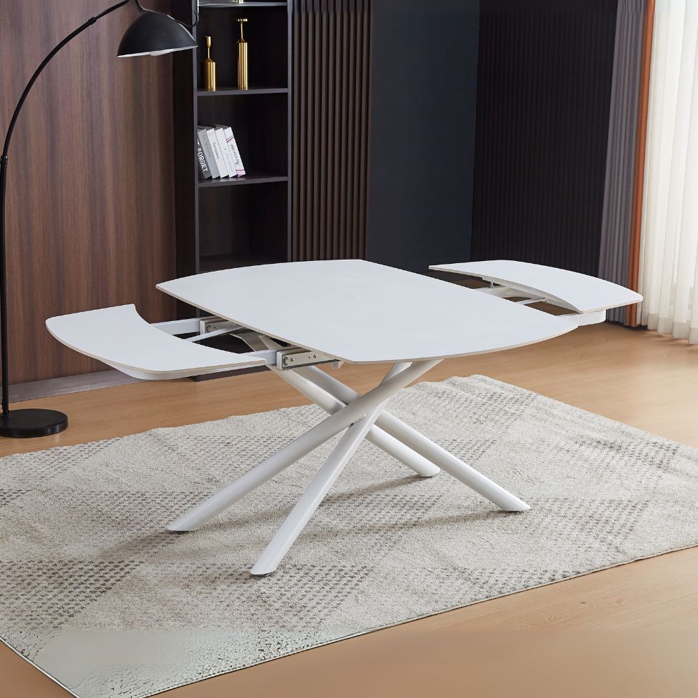 Tavolo girevole allungabile con piano in ceramica effetto marmo bianco opaco 140x90x76H cm - Denis