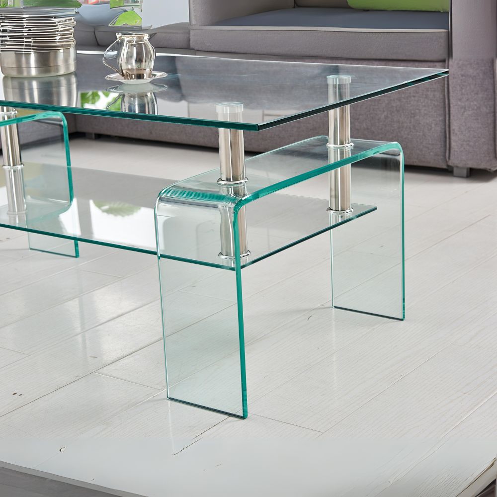 Table basse en verre trempé avec double étagère 100x44H cm - Gelso