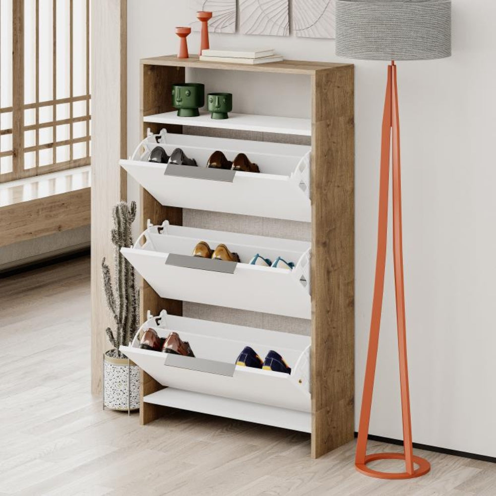 Schuhschrank 78x139,2h cm mit 3 Klapptüren in Weiß und Korpus in Nussbaum - Kaju