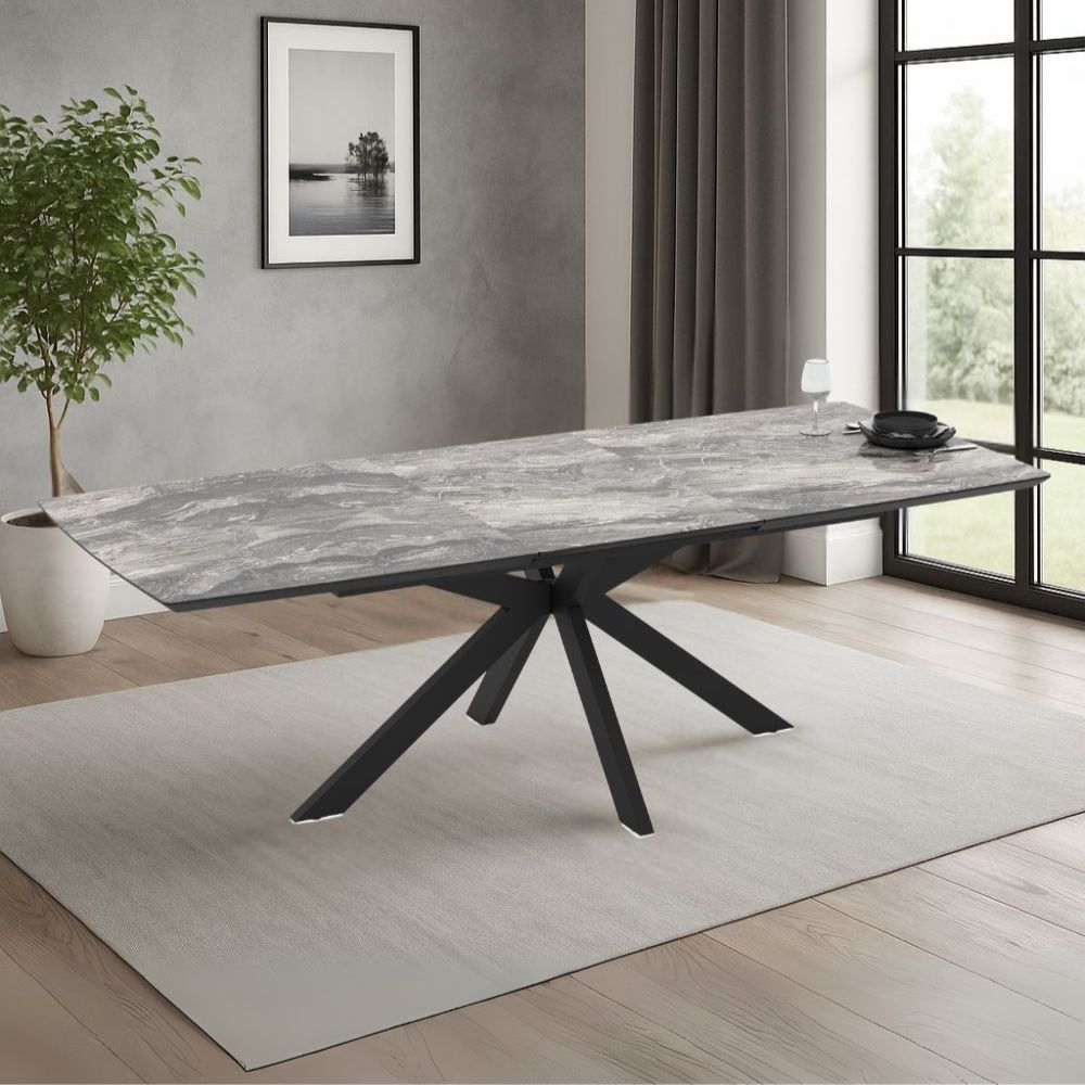 Ausziehbarer Tisch, Tischplatte mit schwarzer Arabesken-Marmoroptik und schwarzem Untergestell 180/240x100x76H Verano
