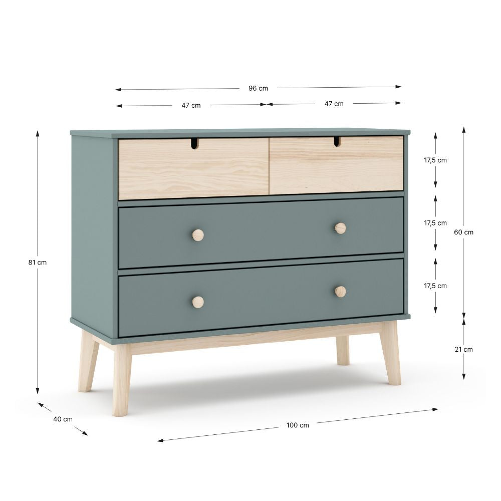 Commode 4 tiroirs vert kaki et pin 100x40x81H cm - Estefania