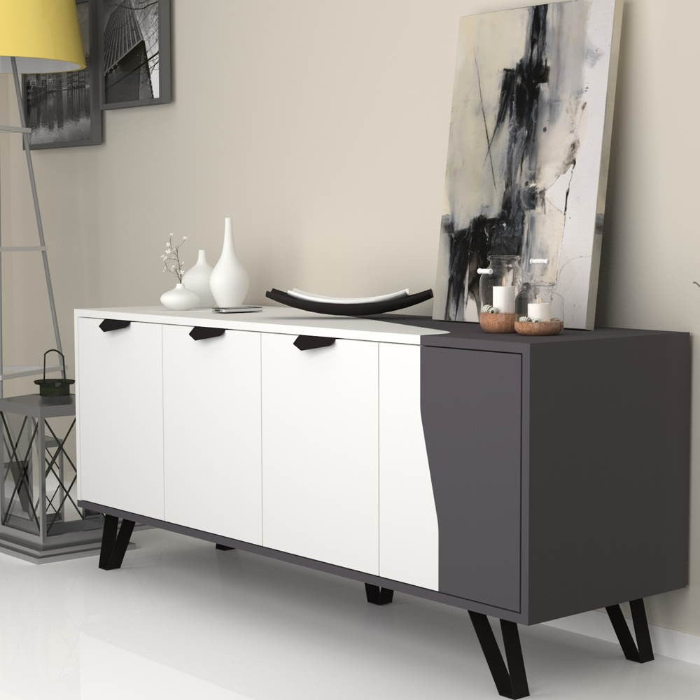Sideboard 160 cm mit 4 Türen, Farbe Weiß und Gusseisen – Jasmine