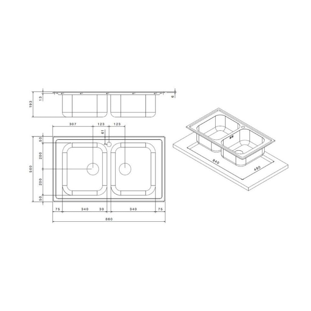 Lavello doppia vasca con superficie spazzolata 86x50 cm - SAXT322A