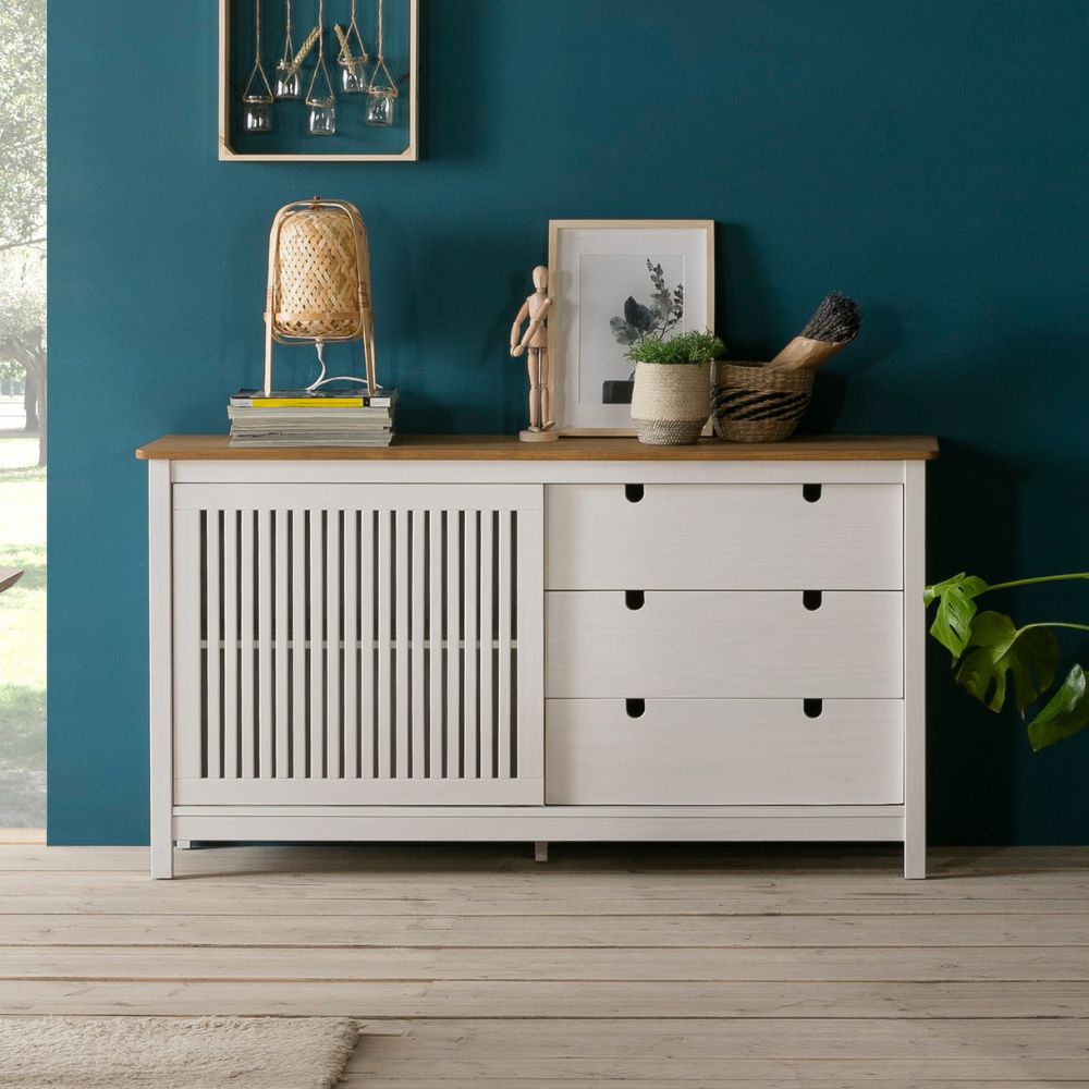 Credenza in legno massiccio con anta scorrevole e 3 cassetti colore bianco e pino 150x40x80H cm - Gaia