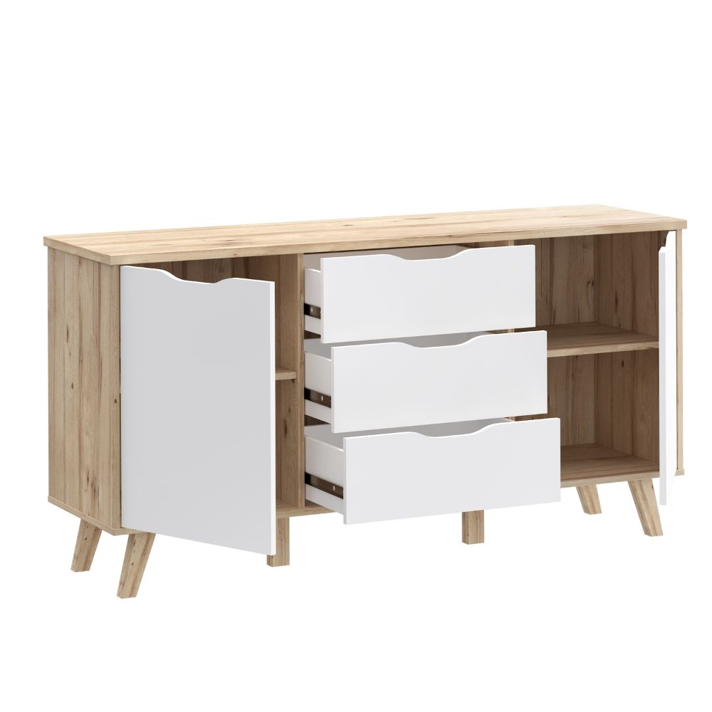 VNKK231-L25 SIDEBOARD AXIS EICHENSTRUKTUR MIT WEISSEN FRONTEN ZWEI TÜREN UND DREI SCHUBLADEN