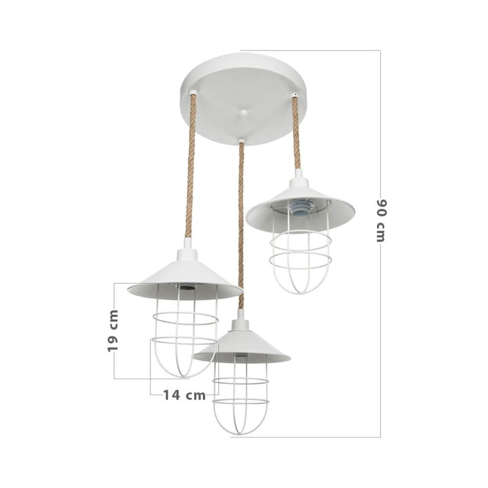 Pendelleuchte 90 cm mit 3 Leuchten Metall weiß und Seil Bulut