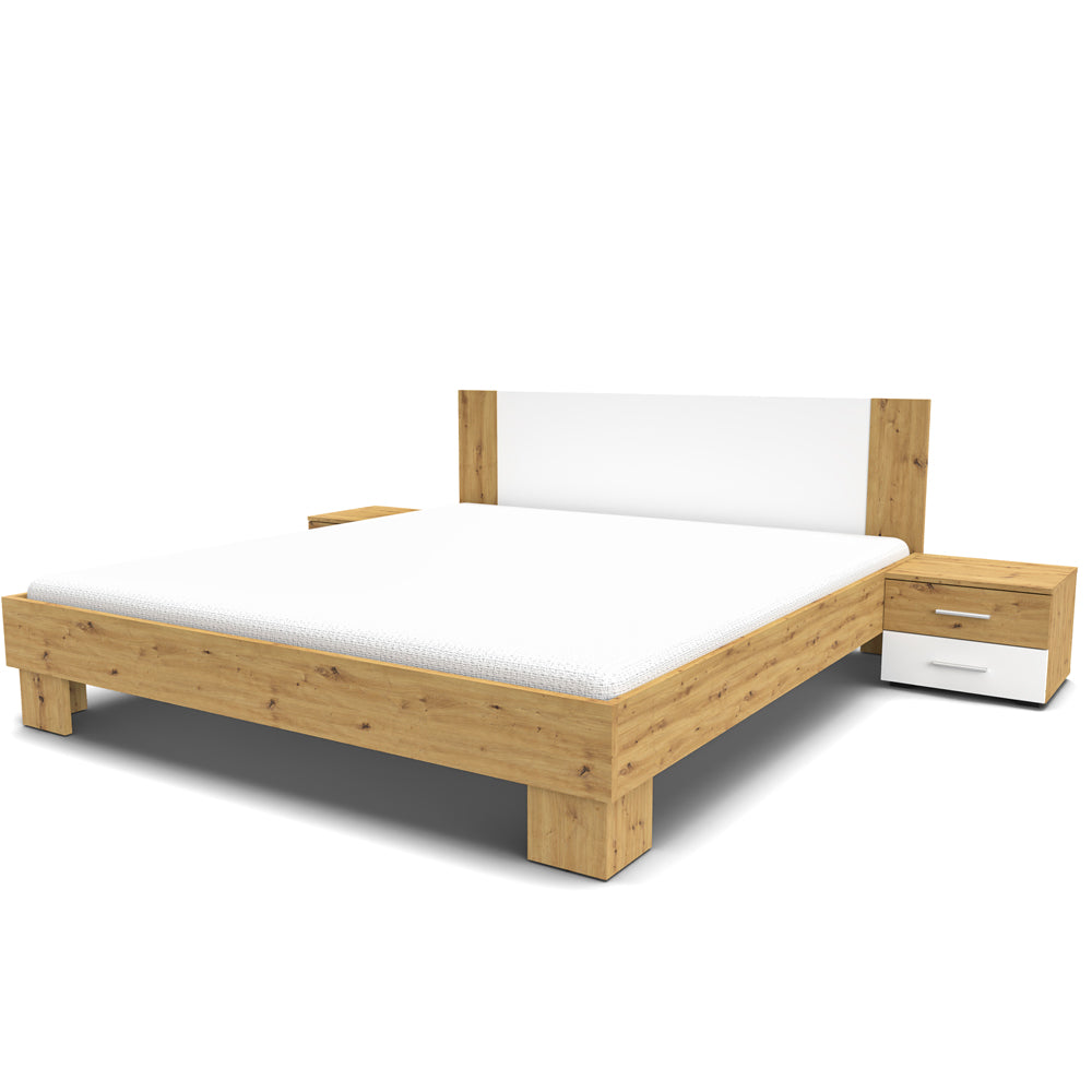 Letto matrimoniale 180x200 con comodini integrati bianco e rovere Meria
