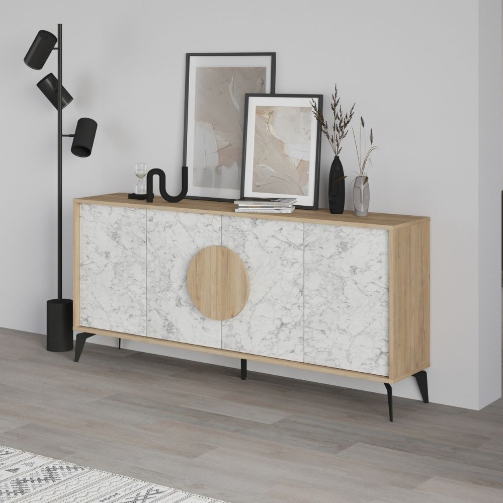 Madia 4 ante colore bianco effetto marmo carrara e rovere 180x35,6x82 Gora180