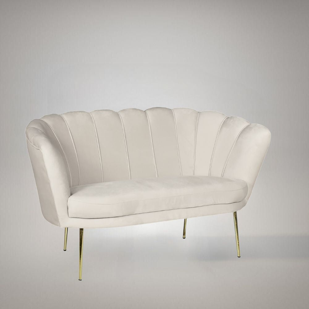 Canapé coquillage deux places en tissu couleur sable et pieds dorés 135x75H cm - Orel