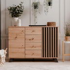 Buffet 118 cm en bois avec 2 portes et 4 tiroirs coloris chêne et anthracite - Medan