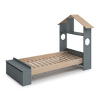 Letto singolo in legno con testiera a casetta e pediera contenitore colore verde cachi e pino - Odessa