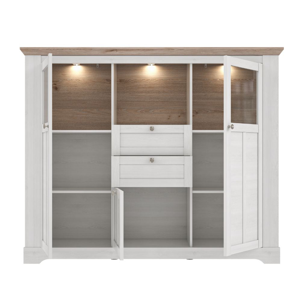 Credenza 3 ante in vetro temperato e luci LED rovere bianco neve e olmo scuro Forma