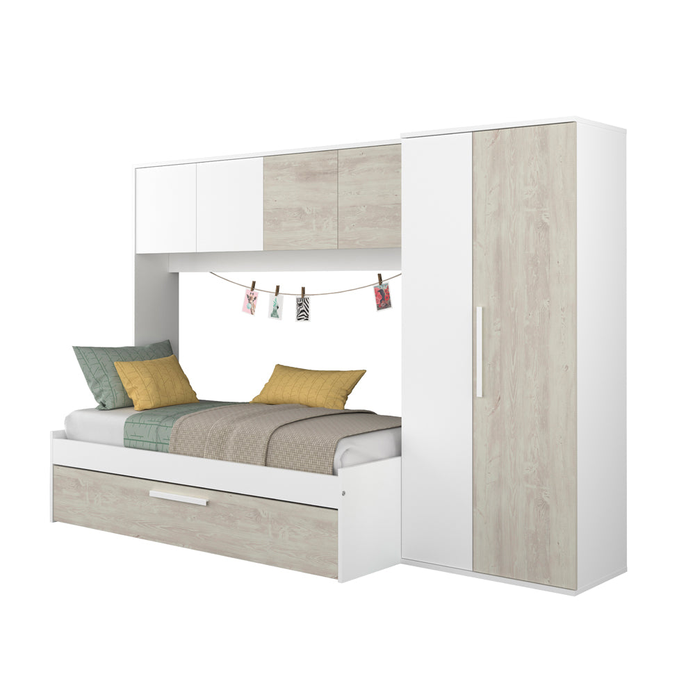Brückenbett mit Ausziehbett und Kleiderschrank in Used-Weiß und Weiß