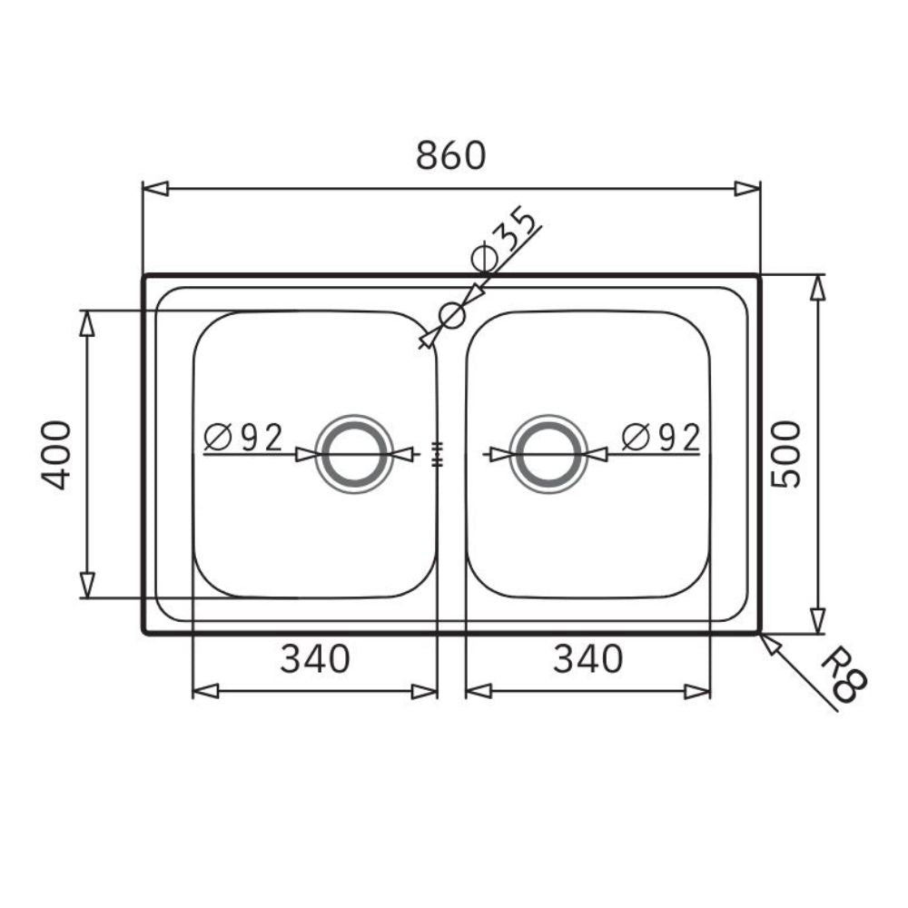 Lavello da incasso in acciaio inox con doppia vasca 86x50 Tirreno862