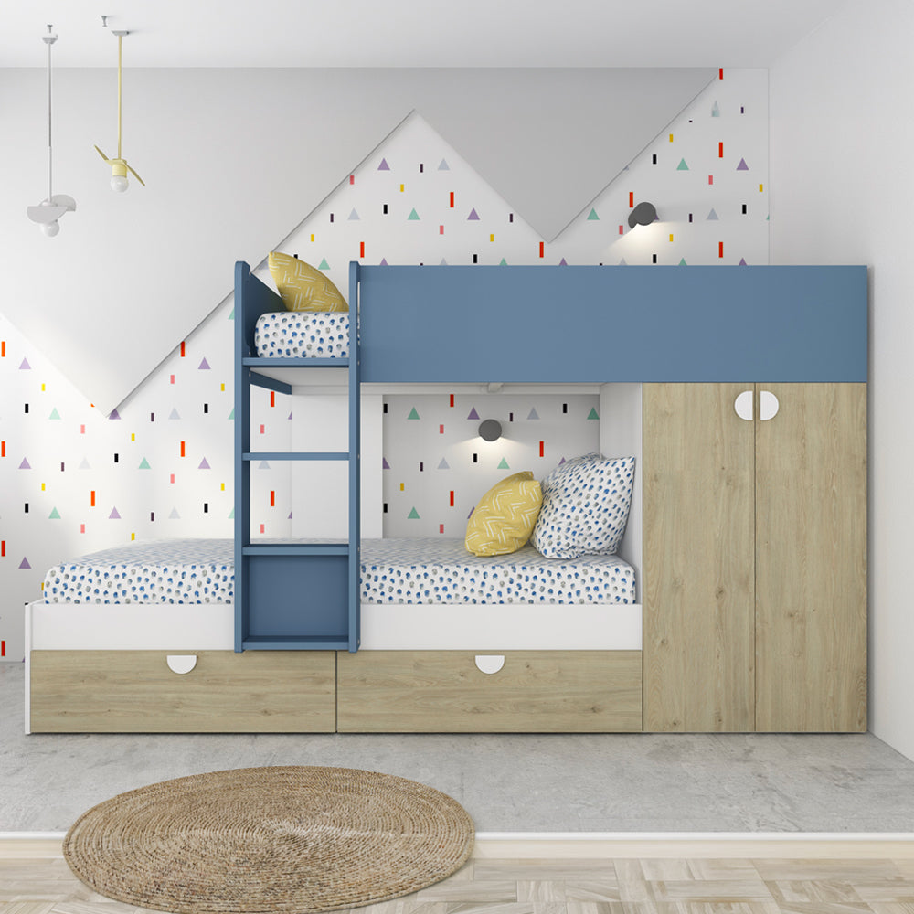 Letto a castello Gilbo per due bambini con armadio e cassetti colore rovere e azzurro