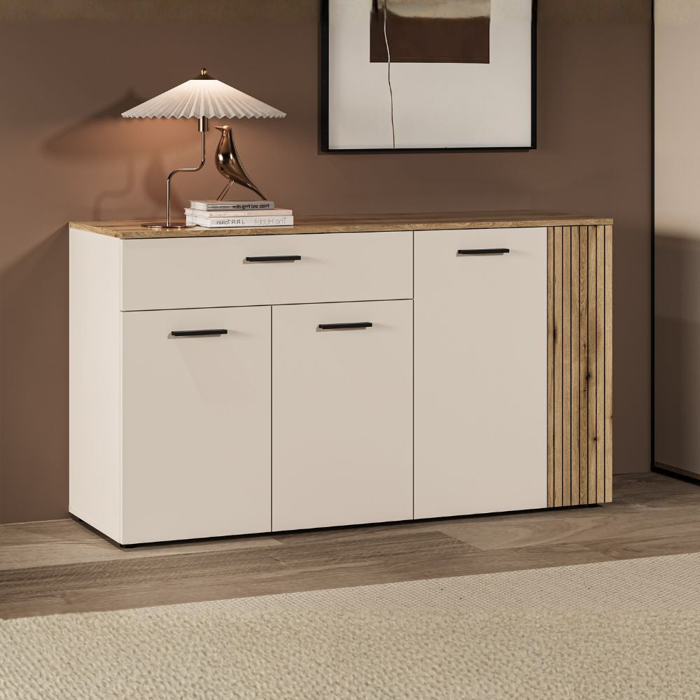 Credenza 4 ante e 1 cassetto cashmere e rovere con listelli verticali 150x42x83H Frezo03