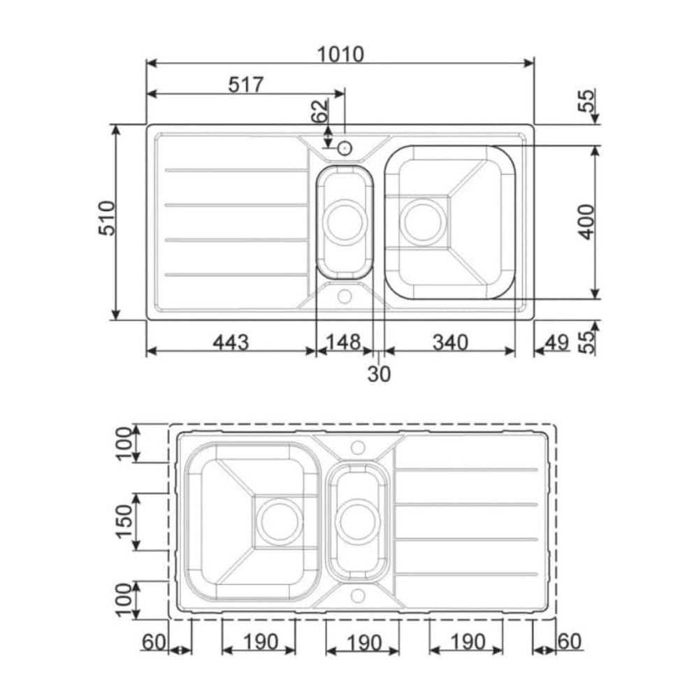 Lavello incasso 2 vasche e gocciolatoio reversibile 100x50 - Smeg LFB112