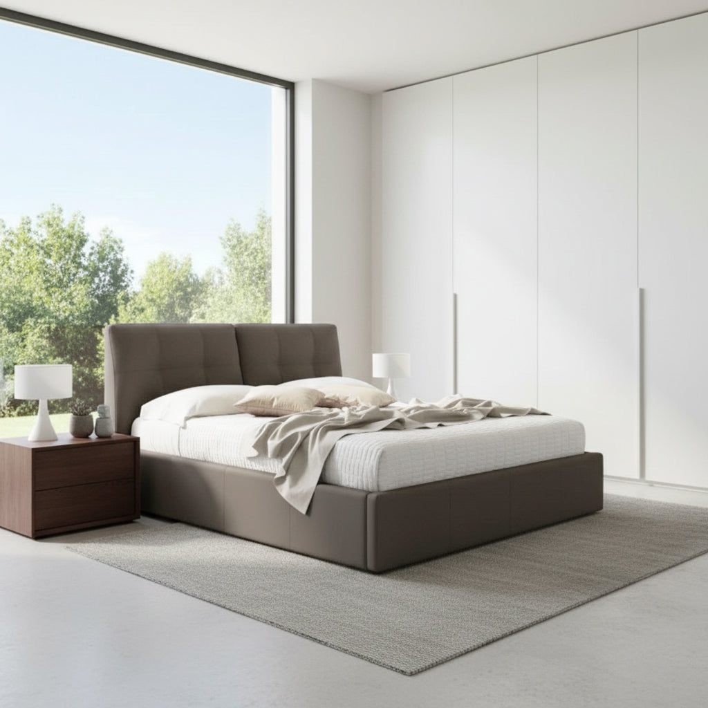 Letto matrimoniale con contenitore e testiera colore tortora - Melia