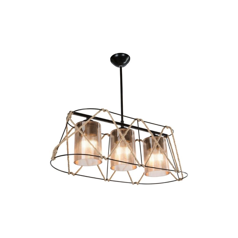 Lampada a sospensione 60 cm con 3 luci in metallo nero e corda