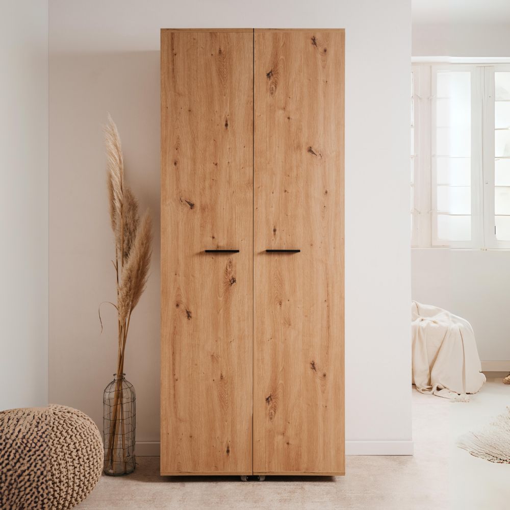 Meuble à chaussures 2 portes avec compartiments couleur chêne 74x181H cm - Magika
