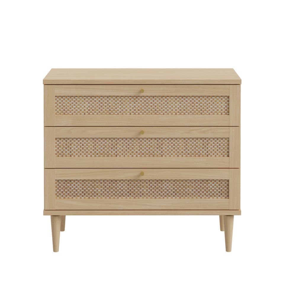 Cassettiera 3 cassetti in rovere con dettagli effetto Rattan 90.4x41.4x80H Livia