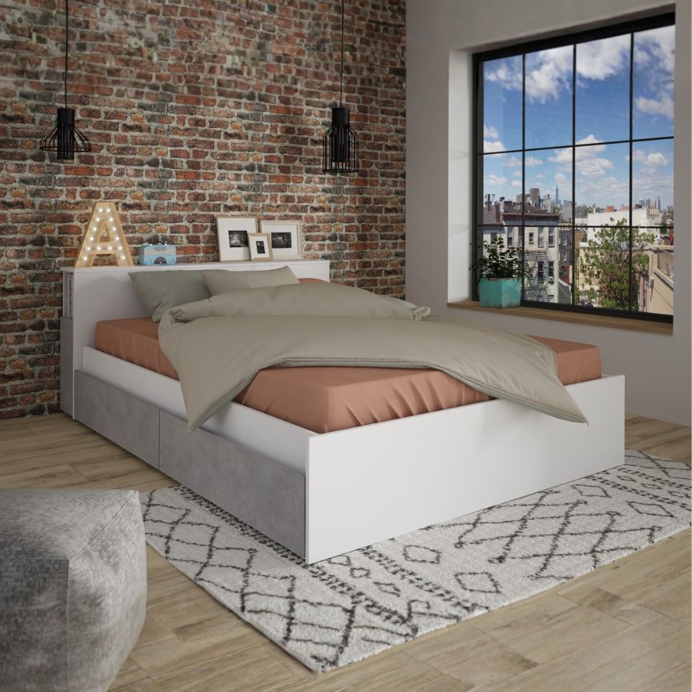 Letto francese 1566 con 4 cassettoni e comodini estraibili colore bianco e cemento