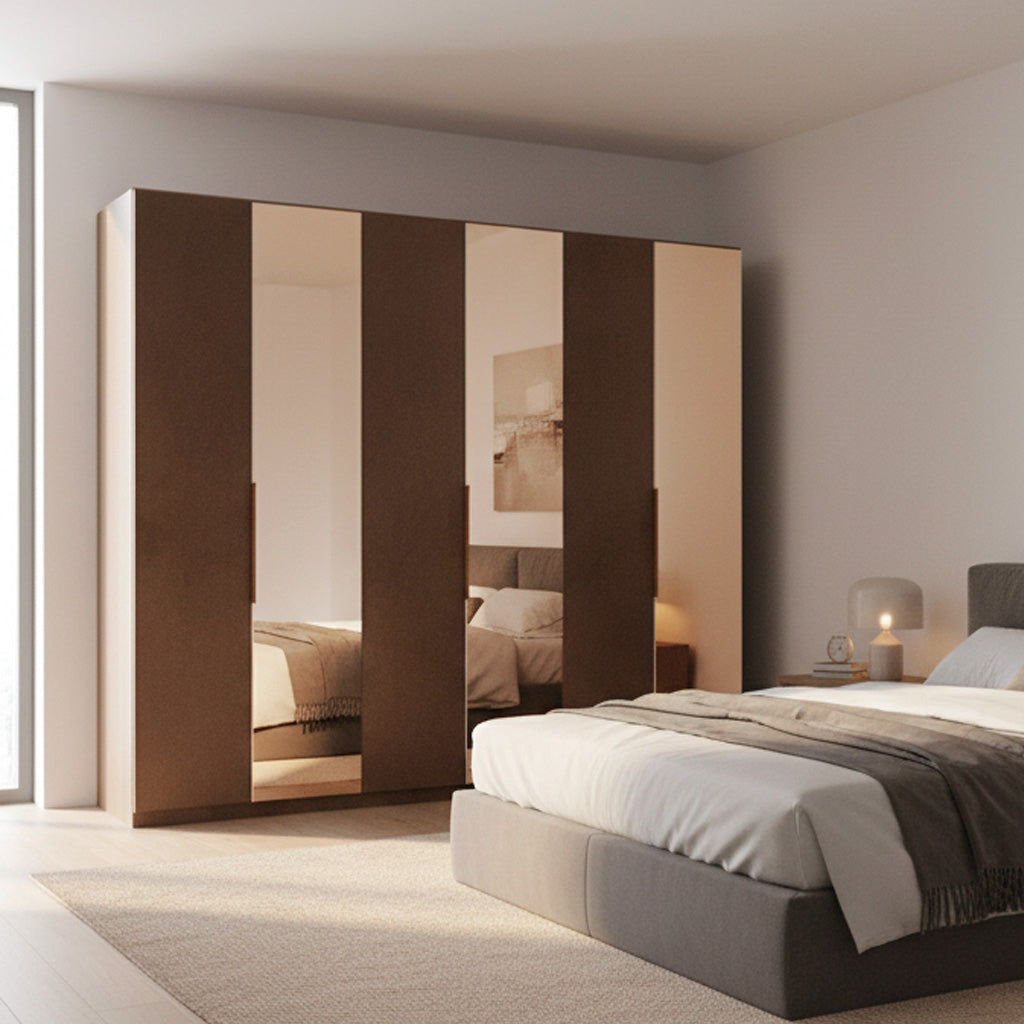 Kleiderschrank 275 cm mit 6 bronzefarbenen Drehtüren mit bronzierten Spiegeln